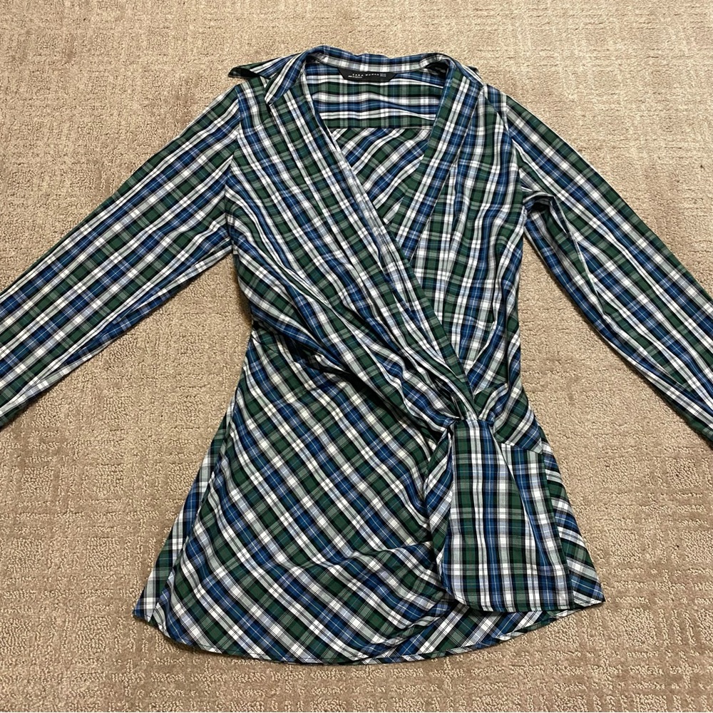 {Zara } Plaid Tartan Draped Twist Wrap Blouse Top ~ Size XS